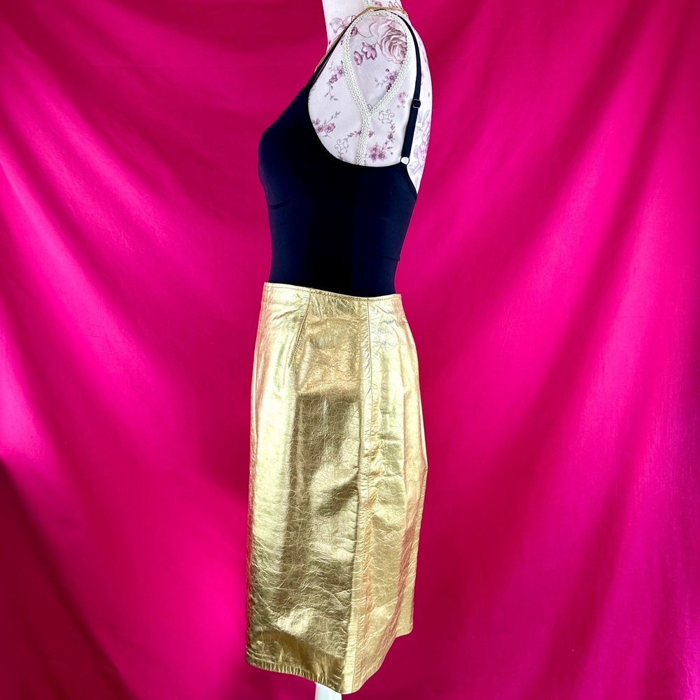 Vintage Gold Metallic Leather Mini Skirt Disco Glam Party Festival 90s Size 12 - Picture 10 of 16